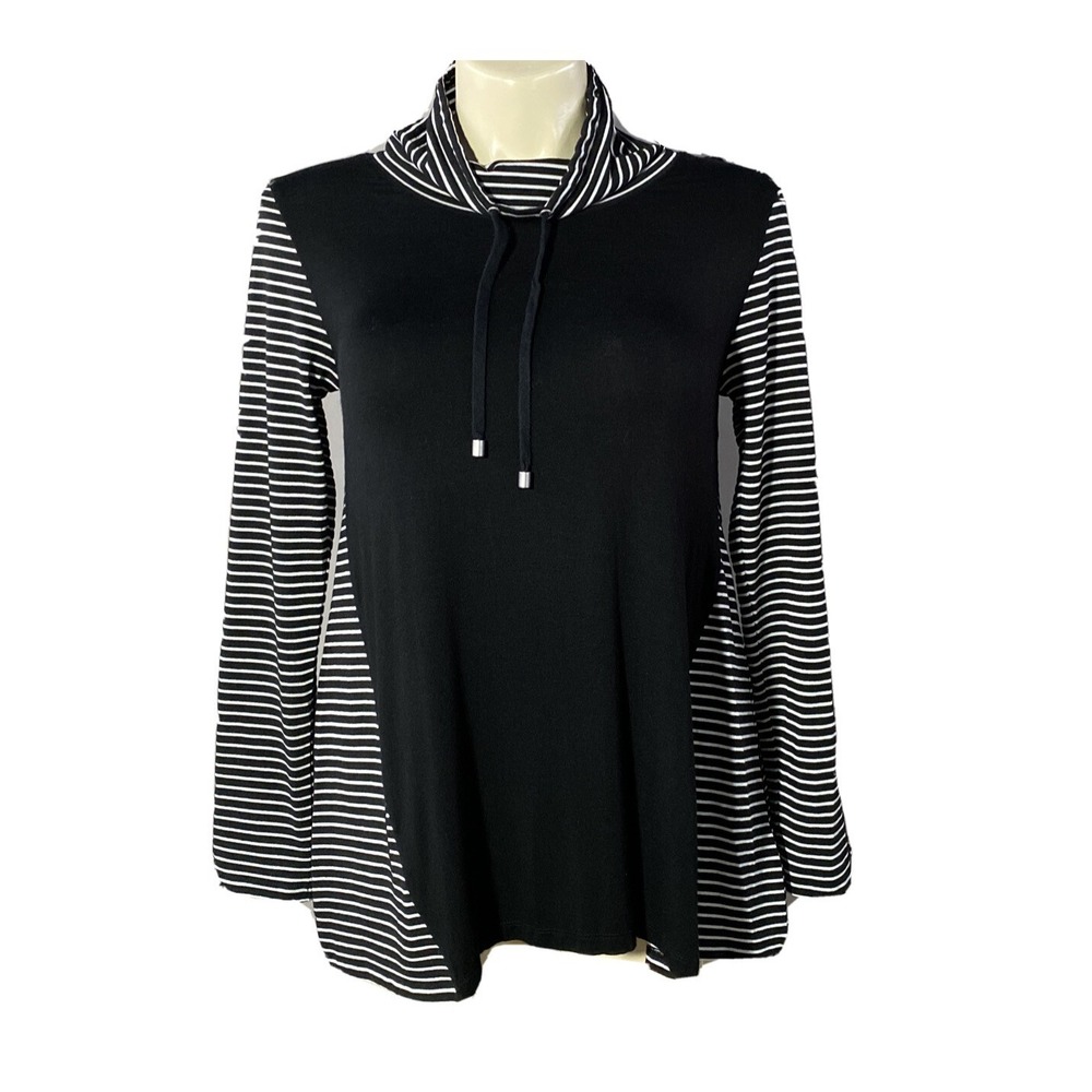 Jones NY Top MED White‎ Black Stripe Colorblock Tee Shirt Cowl Drawstring Casual